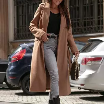 Женское однотонное простое длинное шерстяное и смесовое пальто с отложным воротником и длинным рукавом на шнуровке с карманами, винтажное элегантное женское пальто S хаки