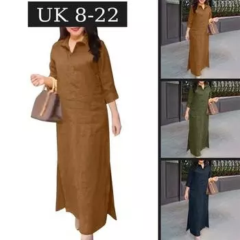 Женское однотонное простое платье с длинными рукавами, ретро-рубашка с лацканами и боковыми разрезами, длинная юбка, повседневное свободное длинное платье из хлопка S зелёный