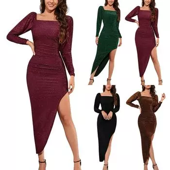 Женское однотонное яркое шелковое сексуальное платье с длинными рукавами и глубоким v-образным вырезом M коричневый