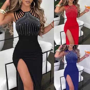 Женское однотонное сексуальное без рукавов с разрезом в виде бриллианта, длинное вечернее платье L чёрный