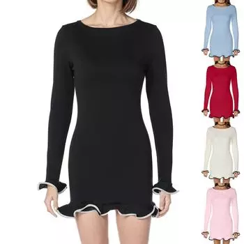 Женское однотонное сексуальное обтягивающее короткое платье с оборками, трикотажная юбка с загнутым подолом и длинными рукавами S красный