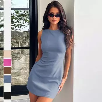 Женское однотонное сексуальное платье без рукавов с поясом и ягодицами S