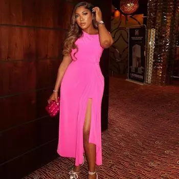 Женское однотонное сексуальное платье без рукавов с разрезом и открытыми плечами, трендовое платье S жёлтый