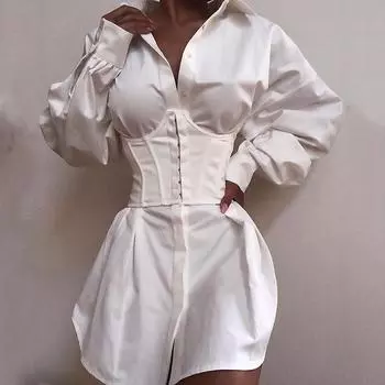 Женское однотонное сексуальное платье-рубашка с глубоким V-образным вырезом и складками на талии S белый