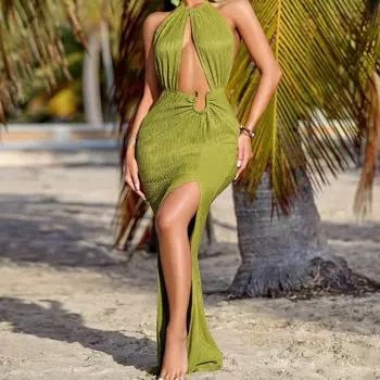 Женское однотонное сексуальное платье с бретельками через шею и декоративной металлической пряжкой S зелёный