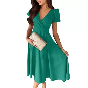 Женское однотонное сексуальное платье средней длины с v-образным вырезом и короткими рукавами M зелёный