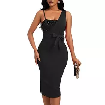 Женское однотонное сексуальное вечернее платье с разрезом и блестками, поясом на одно плечо и регулируемой пряжкой L чёрный
