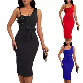 Женское однотонное сексуальное вечернее платье с разрезом и блестками, поясом на одно плечо и регулируемой пряжкой XL синий