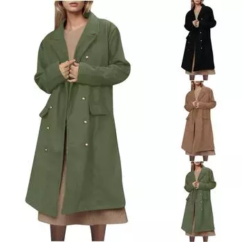 Женское однотонное шерстяное пальто с длинными рукавами и воротником M армия зеленый