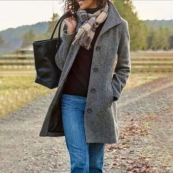 Женское однотонное шерстяное пальто в стиле ретро с воротником-стойкой, однобортное повседневное пальто с длинными рукавами, толстое шерстяное пальто средней длины, осень-зима S хаки