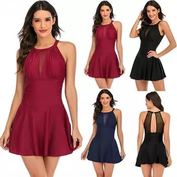 Женское однотонное скромное платье для плавания, цельный сетчатый купальник с мягкой подкладкой, прозрачный купальник бикини, монокини с контролем живота, купальный костюм с горячими источниками, купальный костюм для похудения S синий