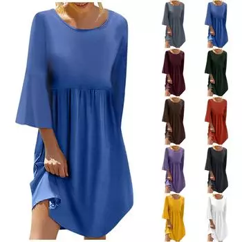 Женское однотонное суббогемное платье с круглым вырезом и рукавами из семи частей L чёрный