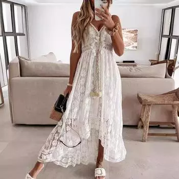 Женское однотонное свободное длинное платье из жаккарда в стиле пэчворк без рукавов с v-образным вырезом L белый