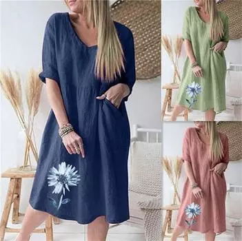 Женское однотонное свободное платье из хлопка и льна с рукавами три четверти и v-образным вырезом XXXXL зелёный