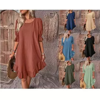 Женское однотонное свободное платье из хлопка и льна в стиле ретро со средними рукавами и круглым вырезом S чёрный