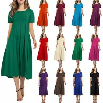 Женское однотонное свободное платье с круглым вырезом и короткими рукавами