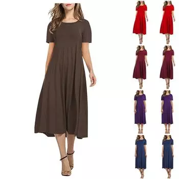 Женское однотонное свободное платье с круглым вырезом и короткими рукавами L кофейный