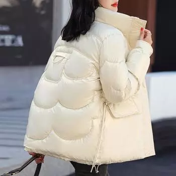 Женское однотонное теплое хлопковое пальто с воротником-стойкой и длинными рукавами и карманами, хлопковая куртка M белый