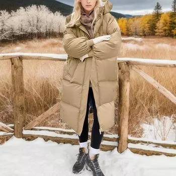 Женское однотонное толстое свободное длинное выше колена стеганое пальто Bread Coat хаки