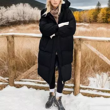 Женское однотонное толстое свободное длинное выше колена стеганое пальто Bread Coat чёрный