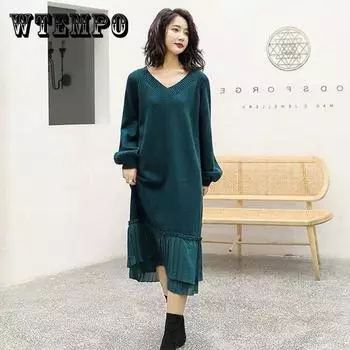 Женское однотонное трикотажное платье, осенне-зимнее свободное платье в стиле ретро с v-образным вырезом и длинными рукавами, тонкое простое универсальное длинное платье с рюшами XXXL зелёный