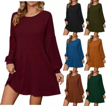 Женское однотонное трикотажное платье с круглым вырезом и длинными рукавами с карманами L армия зеленый