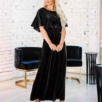 Женское однотонное вечернее платье с коротким рукавом из сексуального золотого бархата с круглым вырезом L чёрный