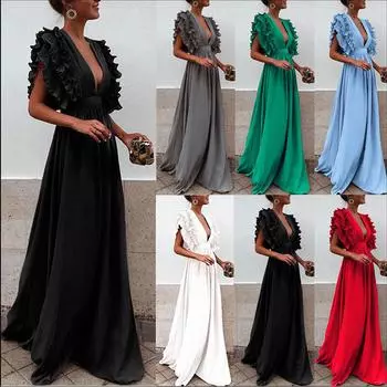 Женское однотонное винтажное длинное вечернее платье с v-образным вырезом и рукавами-крылышками больших размеров сзади L чёрный