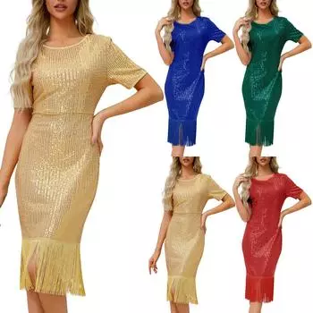 Женское однотонное винтажное платье с бахромой и круглым вырезом и коротким рукавом, сексуальное вечернее платье L синий