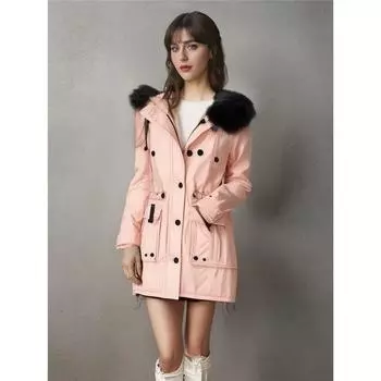 Женское однотонное зимнее теплое пальто больших размеров средней длины с капюшоном 4XL чёрный