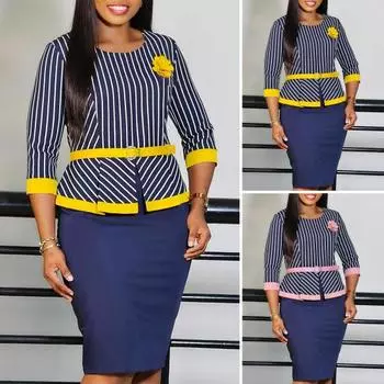 Женское официальное платье для поездок на работу с поясом и брошью, имитация двух частей, лоскутное платье с круглым вырезом, деловой стиль, полосатый принт, облегающее платье миди S жёлтый