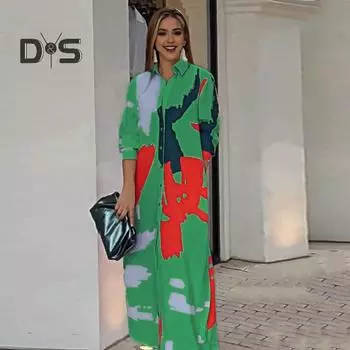 Женское осенне-летнее платье с отложным воротником, однобортная рубашка с длинными рукавами и цветным принтом, свободное платье макси с нерегулярным подолом для отпуска L жёлтый