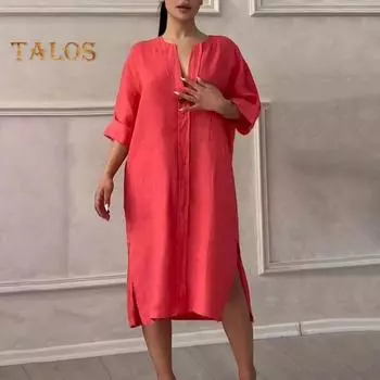 Женское осенне-летнее платье Свободное платье с V-образным вырезом и рукавами три четверти Трапециевидной формы Сплошной цвет с разрезом на пуговицах Декор Повседневная повседневная одежда Платье миди 3XL розы красного