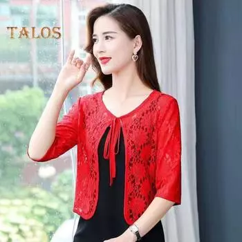 Женское осенне-весеннее пальто на шнуровке с цветочной вышивкой, однотонная шаль, рукава три четверти, свободная ажурная кружевная круглая горловина, короткий тип защиты от солнца M чёрный