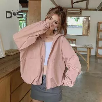 Женское осенне-весеннее пальто свободного покроя, однотонное, на молнии, с длинными рукавами, с капюшоном, карманами, гладкая поверхность, дорожная куртка для отдыха на природе L чёрный