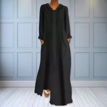 Женское осенне-весеннее платье макси с капюшоном, свободное однотонное однотонное платье с карманами на шнурке, пуловер полной длины, мягкое дышащее платье XL чёрный