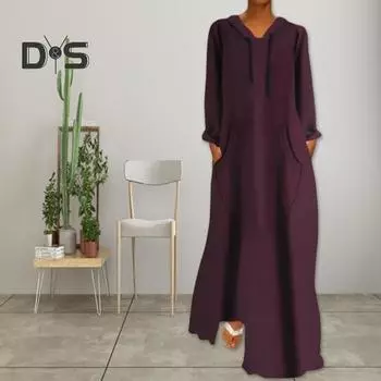 Женское осенне-весеннее платье макси с капюшоном, свободное однотонное однотонное платье с карманами на шнурке, пуловер полной длины, мягкое дышащее платье XL чёрный