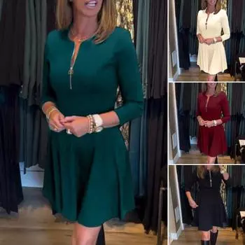 Женское осенне-весеннее платье на молнии с круглым вырезом, однотонное, с длинным рукавом, трапециевидной формы, с большими качелями, облегающее, мягкое, дышащее, длиной выше колена, мини-платье XL зелёный