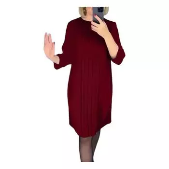 Женское осенне-весеннее платье, прозрачное сетчатое платье с длинным рукавом, свободное с круглым вырезом, однотонное колото, плиссированное платье длиной до колена, мягкий пуловер, платье миди S вино красного