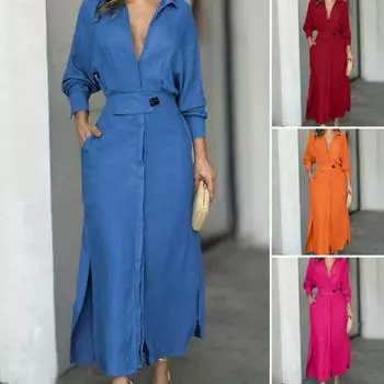 Женское осенне-весеннее платье с глубоким V-образным вырезом, облегающим, с высокой талией и боковым разрезом, сплошной цвет, карманы с лацканами, повседневное платье макси XL вино красного