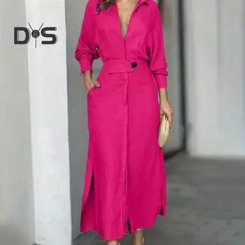 Женское осенне-весеннее платье с глубоким V-образным вырезом, облегающим, с высокой талией и боковым разрезом, сплошной цвет, карманы с лацканами, повседневное платье макси M вино красного