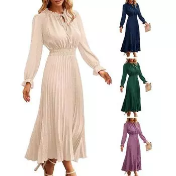 Женское осенне-весеннее платье с плиссированным принтом в горошек и высокой талией, с длинным рукавом и гофрированным воротником на шнуровке с V-образным вырезом, длиной до середины икры, женское платье-миди XL