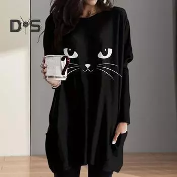 Женское осенне-весеннее платье с принтом котенка, свободная круглая шея, длинный рукав, карман, повседневная мягкая толстовка средней длины 2XL чёрный