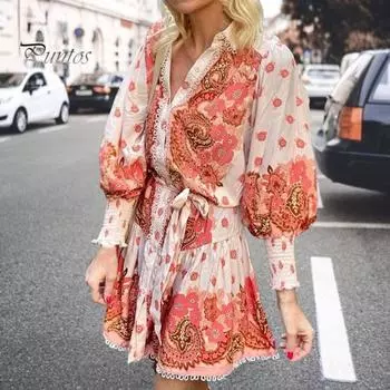 Женское осенне-весеннее платье с V-образным вырезом и длинным рукавом, однобортное однобортное кружевное мини-платье трапециевидной формы с цветочным принтом и узкой талией на шнуровке S
