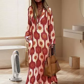 Женское осенне-весеннее платье с V-образным вырезом и лацканами с длинным рукавом и принтом большого размера, пуловер с мягким разрезом по подолу, свободное винтажное женское платье макси трапециевидной формы 2XL красный