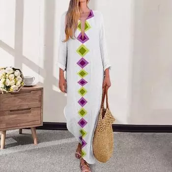 Женское осенне-весеннее платье с v-образным вырезом, нерегулярным подолом, цветочным принтом, длинными рукавами, свободный разрез по бокам, повседневный этнический стиль 2XL зелёный