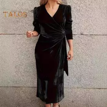 Женское осенне-весеннее платье с V-образным вырезом, однотонное, со шнуровкой, обтягивающее, бархатное, длиной до середины икры, с длинными рукавами, плиссированное, для свиданий, поездок на работу, миди-платье S красный