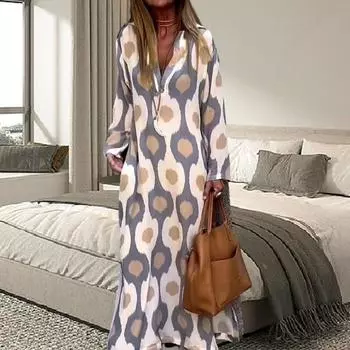 Женское осенне-весеннее платье с V-образным вырезом и лацканами с длинным рукавом и принтом большого размера, пуловер с мягким разрезом по подолу, свободное винтажное женское платье макси трапециевидной формы 2XL чёрный