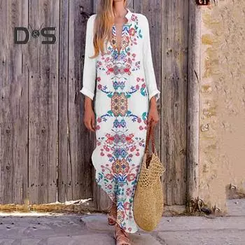 Женское осенне-весеннее платье с V-образным вырезом, нерегулярным подолом, цветочным принтом и длинными рукавами, свободное с разрезом по бокам, повседневное пляжное платье макси в этническом стиле L фиолетовый