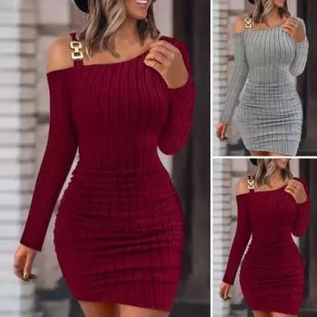 Женское осенне-весеннее платье трикотажное на одно плечо узкая эластичная косая шея сплошной цвет с узкой талией противоусадочное мини-платье с длинным рукавом вечерние XL серый